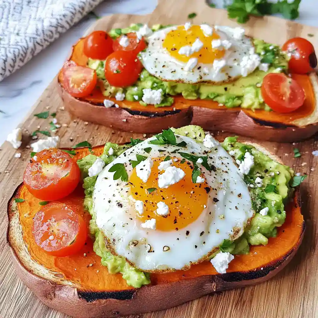Delicious sweet potato toast topped with mashed avocado, cherry tomatoes, and a perfectly cooked sunny-side-up egg, perfect for healthy breakfast or brunch.