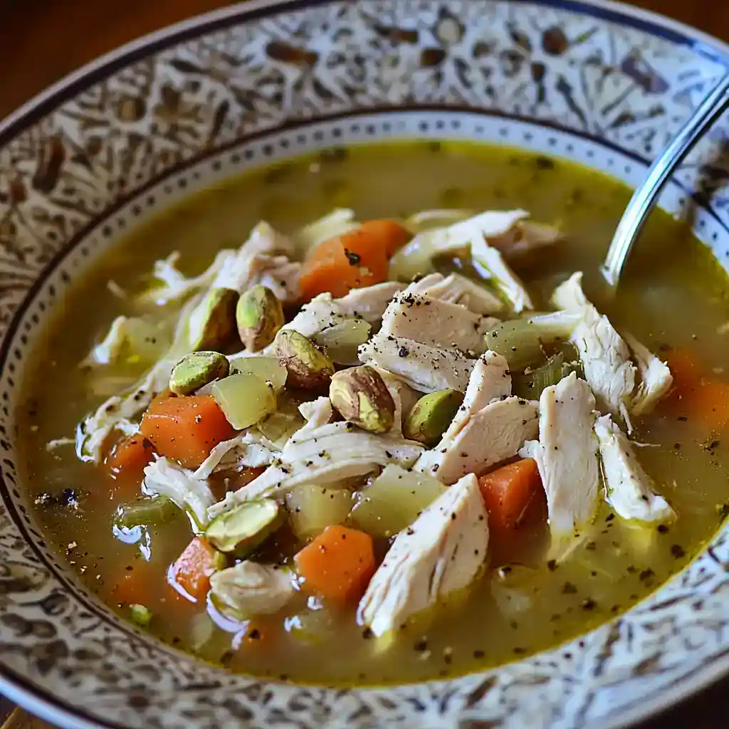 Delicious homemade chicken soup featuring shredded chicken, carrots, celery, and herbs served in a decorative bowl, perfect for a cozy meal.