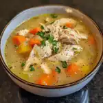 Comforting chicken soup with tender shredded chicken, carrots, potatoes, and fresh herbs in a flavorful broth. Perfect for cozying up on a cold day or feeling under the weather.