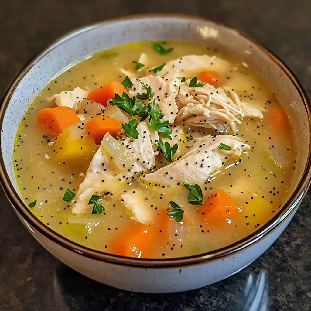 Comforting chicken soup with tender shredded chicken, carrots, potatoes, and fresh herbs in a flavorful broth. Perfect for cozying up on a cold day or feeling under the weather.