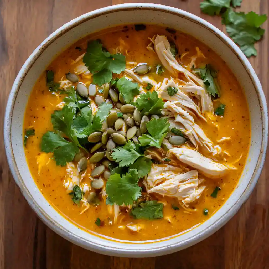 A hearty bowl of creamy chicken soup garnished with fresh cilantro, green pumpkin seeds, and shredded chicken, served in a rustic bowl on a wooden surface. Perfect for comforting meals.