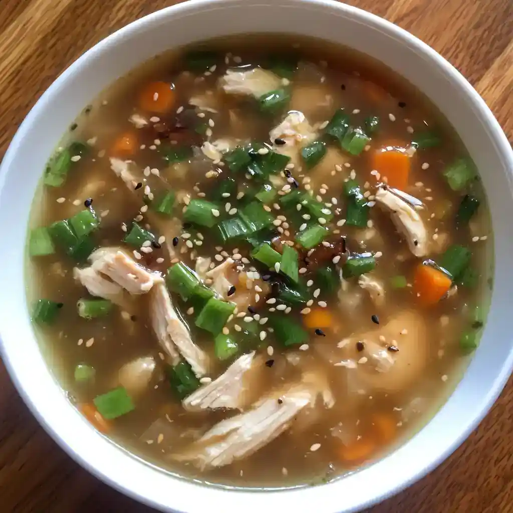 Delicious homemade chicken soup with vegetables, green onions, sesame seeds, and savory broth, perfect for comfort and health.