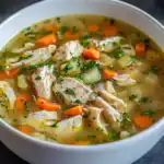 Delicious homemade chicken soup with tender shredded chicken, carrots, celery, and herbs in a savory broth, perfect for a comforting meal.