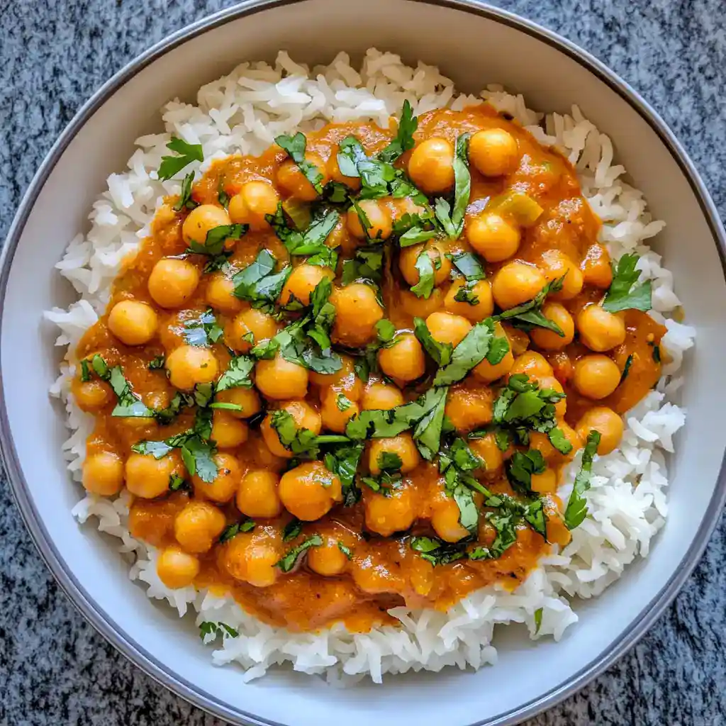 Delicious chickpea curry served over fluffy white rice, garnished with fresh cilantro. Perfect for a flavorful, vegetarian meal that's easy to prepare and packed with protein.