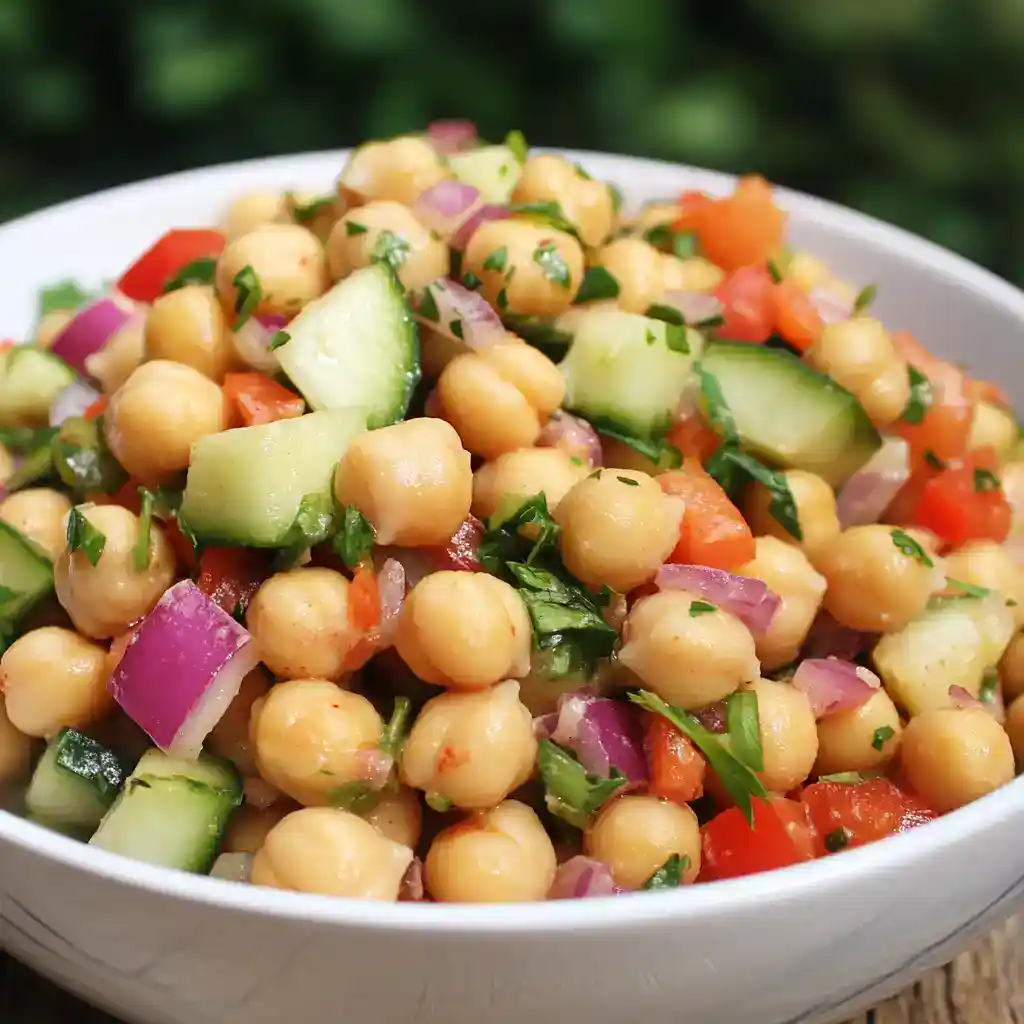Fresh chickpea salad with cucumbers, tomatoes, red onions, and herbs, served in a white bowl. A healthy, protein-packed dish perfect for lunch or as a side.