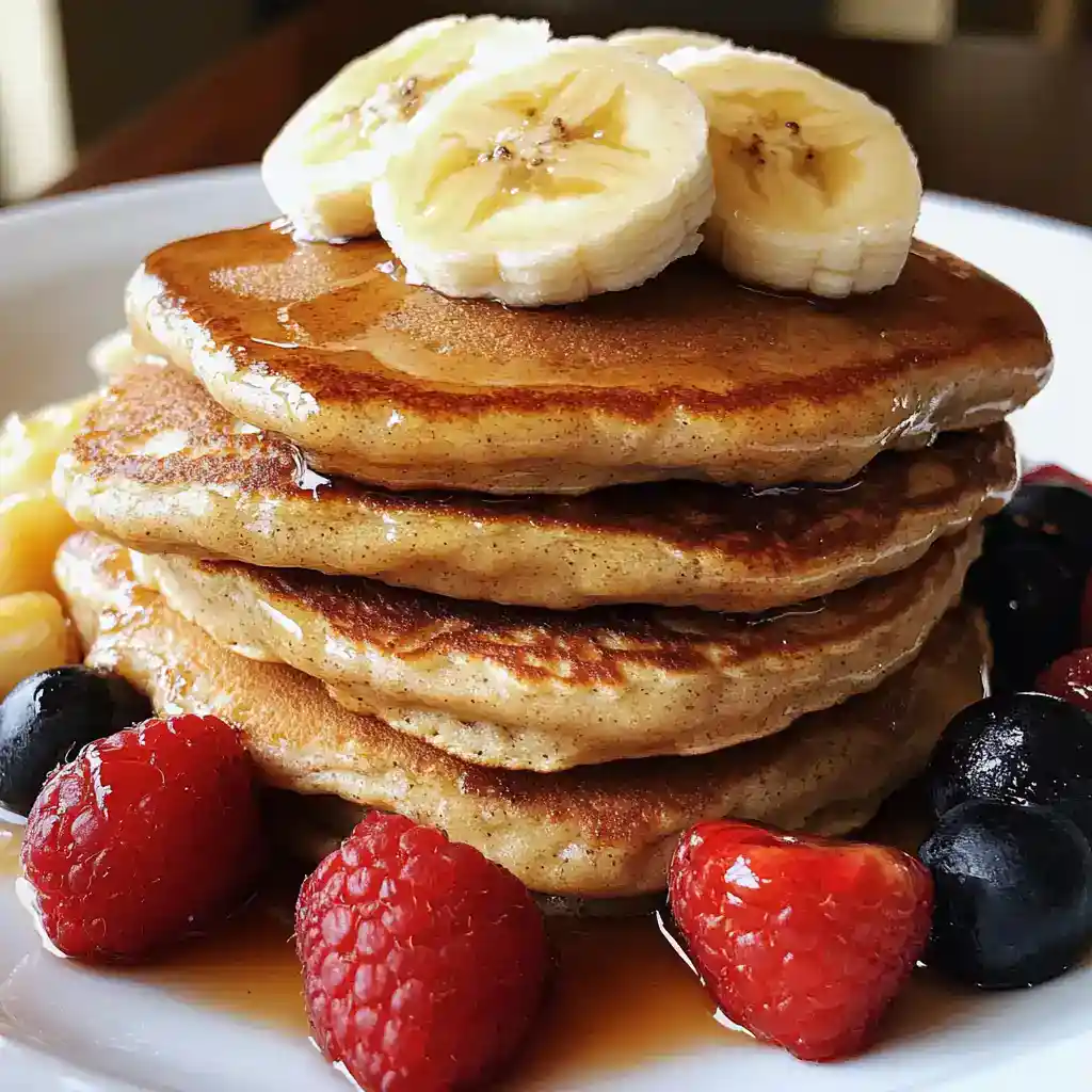 Delicious stack of golden-brown pancakes topped with sliced bananas and fresh berries, drizzled with syrup, perfect for breakfast or brunch.