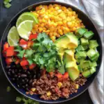 Colorful healthy vegan taco bowl with corn, black beans, avocado, tomatoes, ground tofu, cilantro, and lime slices in a black bowl.