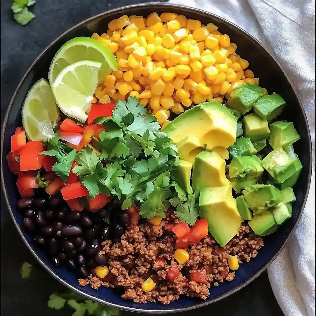 Colorful healthy vegan taco bowl with corn, black beans, avocado, tomatoes, ground tofu, cilantro, and lime slices in a black bowl.