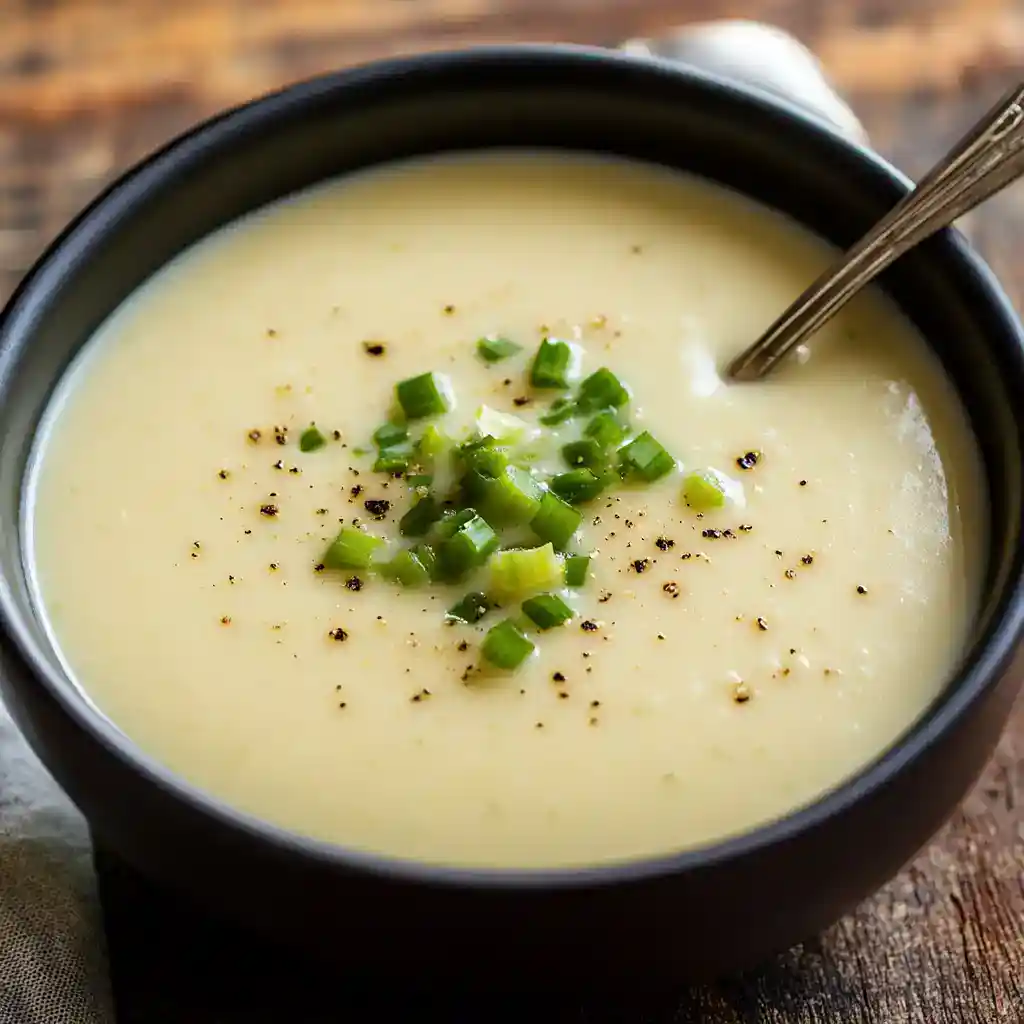 Creamy potato soup with green onions and black pepper in a black bowl, served hot with a spoon. Perfect comfort food for chilly days, easy to make with simple ingredients.