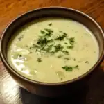 Rich, creamy soup garnished with fresh chopped herbs and served in a black bowl on a wooden surface. Perfect for cozy dinners or as a starter for a delicious meal.