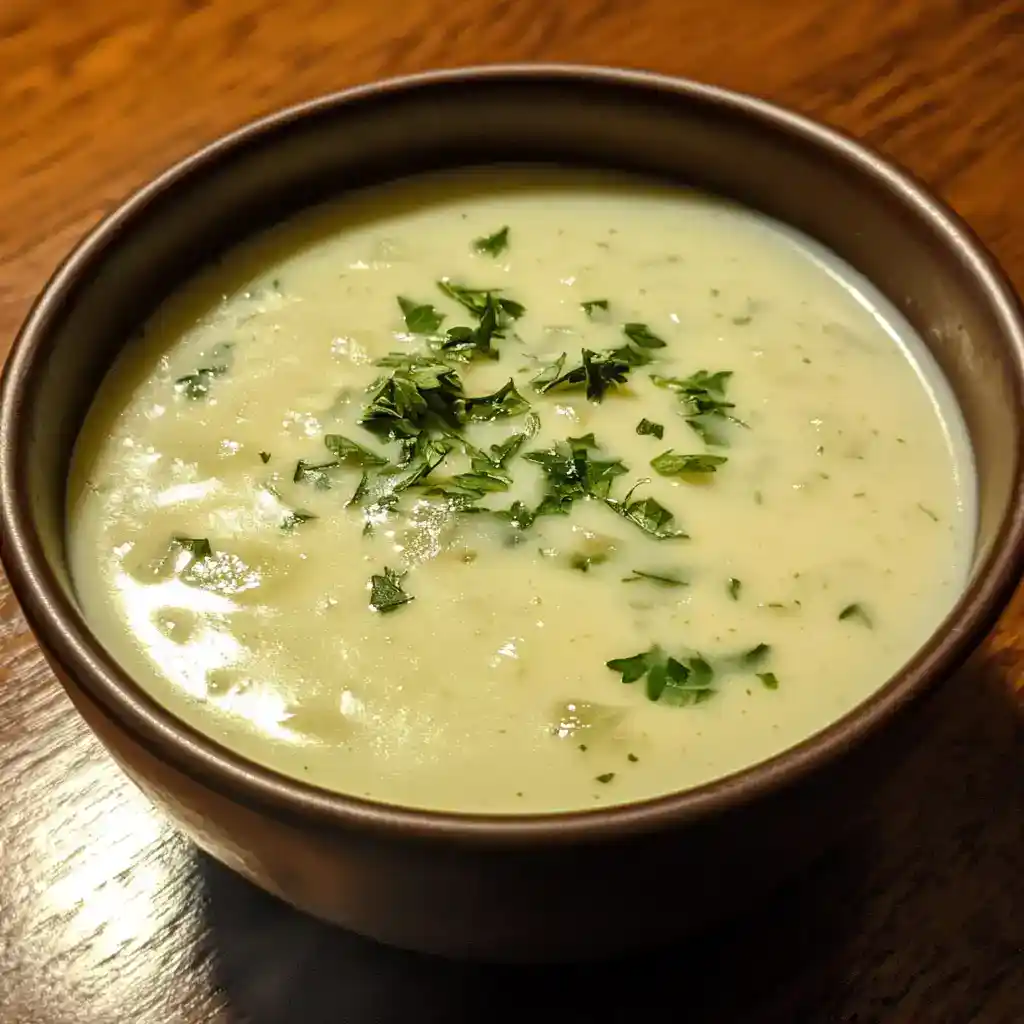 Rich, creamy soup garnished with fresh chopped herbs and served in a black bowl on a wooden surface. Perfect for cozy dinners or as a starter for a delicious meal.