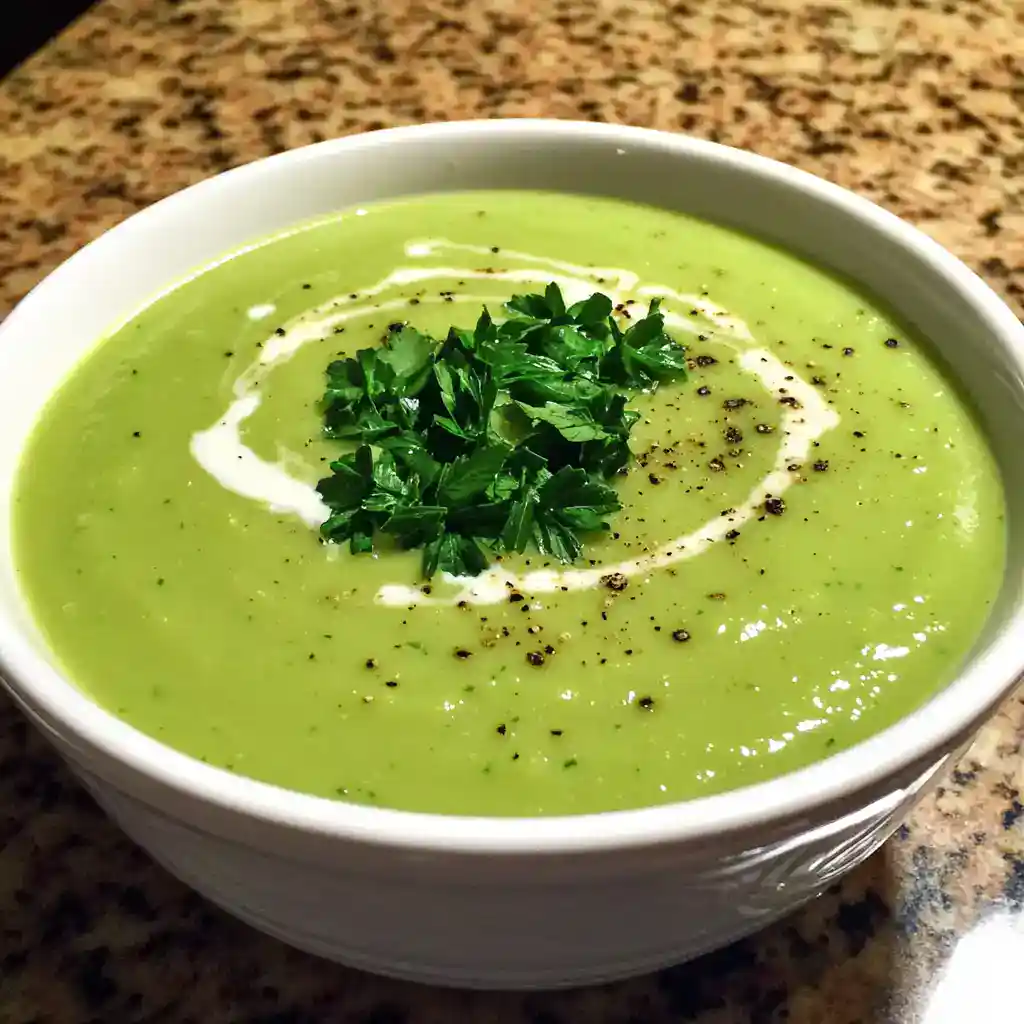 Delicious and nutritious green pea soup garnished with fresh parsley, black pepper, and a swirl of cream, perfect for a healthy appetizer or light meal.