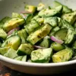 Fresh cucumber dill salad with red onions, herbs, and a tangy vinaigrette. Perfect side dish for summer cookouts and healthy meal options. Easy, quick, and refreshing.