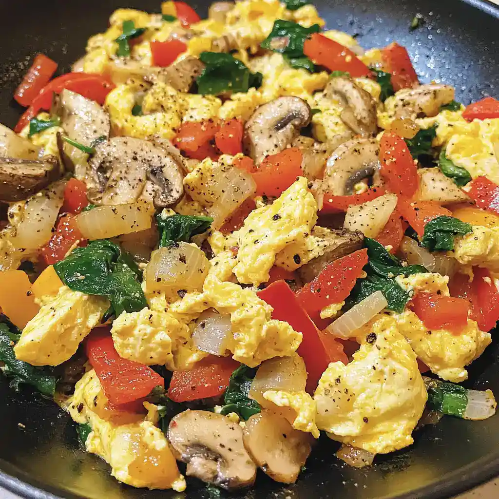 A colorful stir-fry featuring scrambled eggs, fresh mushrooms, bell peppers, onions, and spinach, seasoned with black pepper for a quick and healthy meal. Perfect for breakfast, lunch, or dinner.