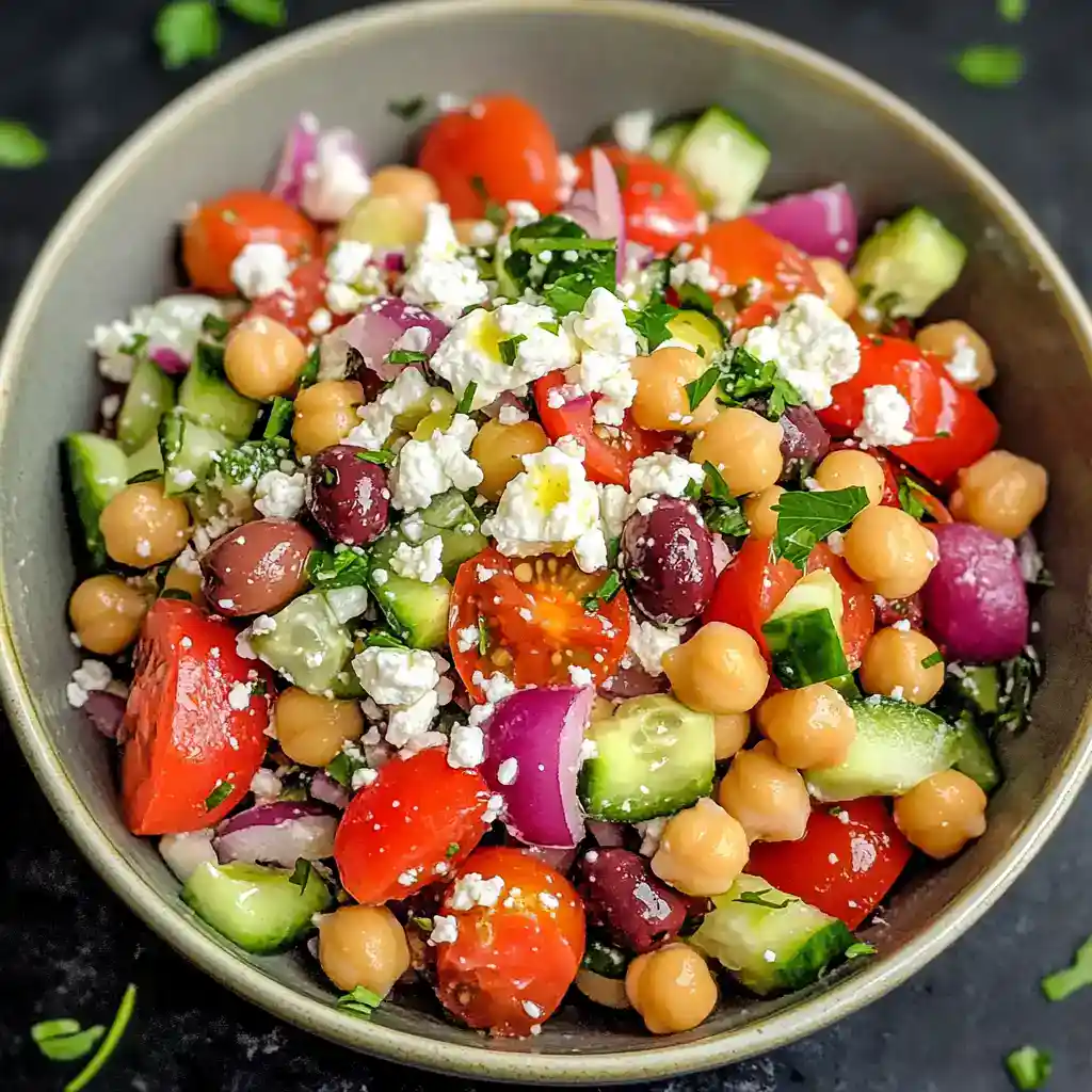Bright, fresh chickpea salad with tomatoes, cucumbers, red onions, olives, feta cheese, and herbs, perfect for healthy meals and quick snacks.