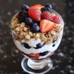 A close-up of a delicious yogurt parfait layered with fresh strawberries, blueberries, blackberries, granola, and creamy yogurt, perfect for a nutritious breakfast or snack.
