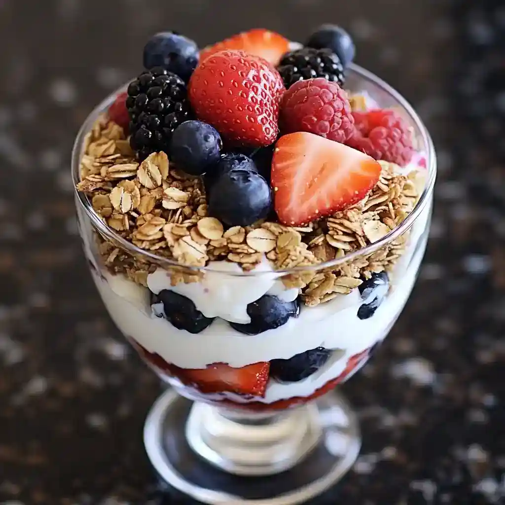 A close-up of a delicious yogurt parfait layered with fresh strawberries, blueberries, blackberries, granola, and creamy yogurt, perfect for a nutritious breakfast or snack.