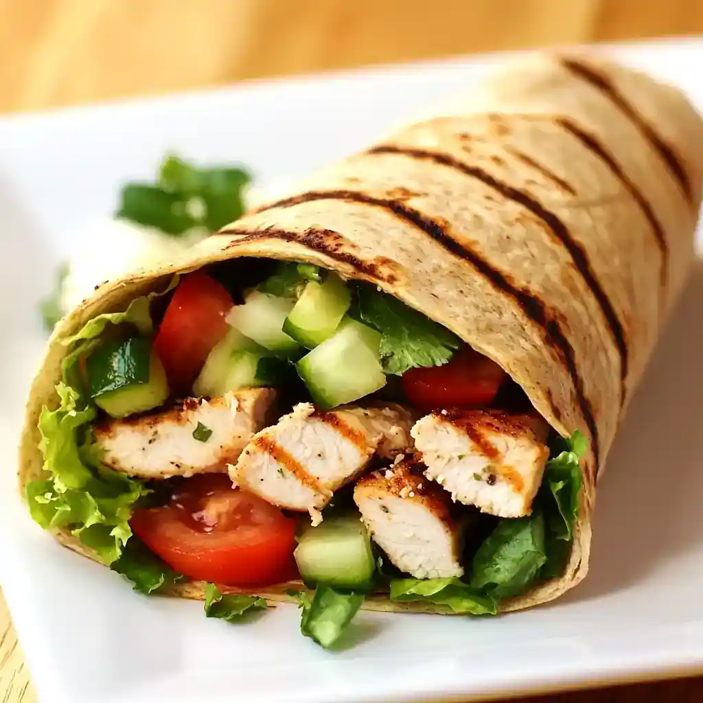 Fresh chicken wrap with grilled chicken, crisp vegetables, and flavorful herbs, wrapped in a soft tortilla. Perfect for a healthy lunch or quick dinner option.