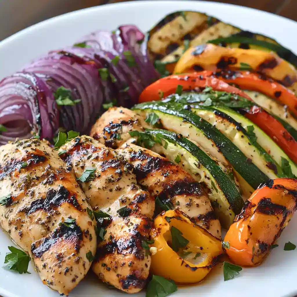 Vibrant grilled chicken and colorful roasted vegetables on a white plate, garnished with fresh herbs, showcasing healthy, flavorful, and visually appealing meal options perfect for a nutritious dinner or lunch.