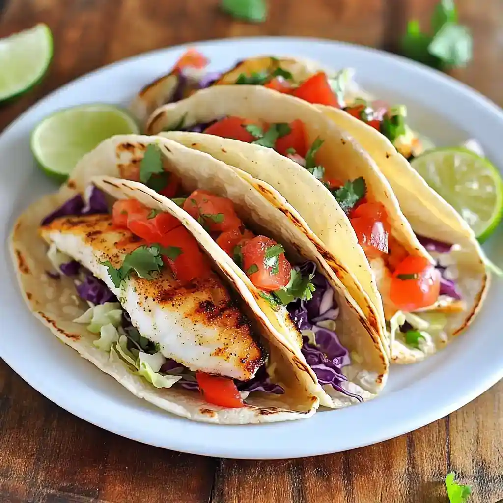 Delicious grilled fish tacos filled with fresh vegetables, cilantro, and served with lime wedges for a flavorful Mexican meal option. Perfect for a quick lunch or dinner.