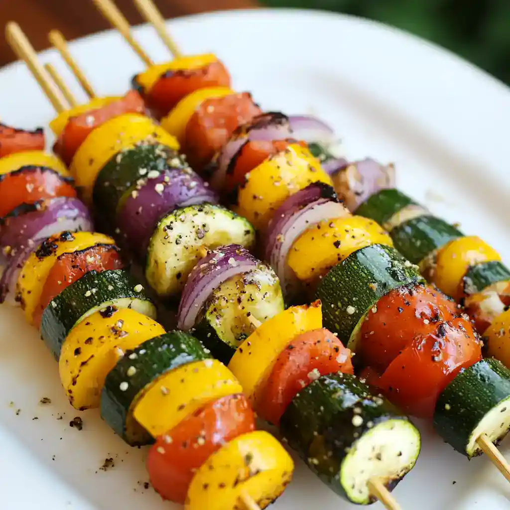 Colorful grilled vegetable skewers featuring zucchini, bell peppers, cherry tomatoes, and red onions seasoned with black pepper and herbs, perfect for barbecues and healthy meals.