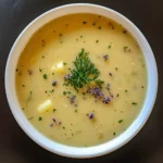 Delicious creamy potato soup garnished with fresh herbs and edible flowers, perfect for cozy meals. Easy to prepare and full of flavor, ideal for lunch or dinner.