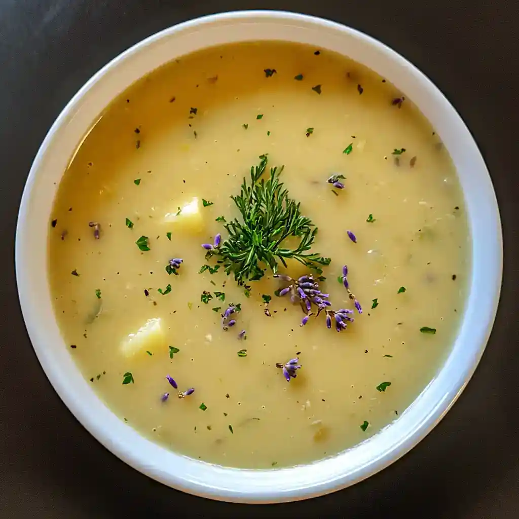 Delicious creamy potato soup garnished with fresh herbs and edible flowers, perfect for cozy meals. Easy to prepare and full of flavor, ideal for lunch or dinner.
