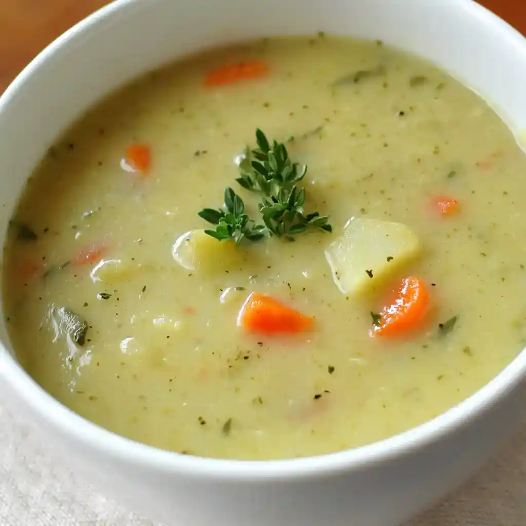 A warm bowl of homemade creamy vegetable soup with carrots, potatoes, herbs, and a garnish of fresh thyme. Perfect for cozy meals, easy to make with fresh ingredients, and packed with flavor.