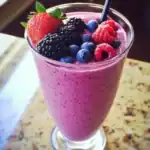 Fresh mixed berries smoothie in a tall glass with strawberries, blueberries, blackberries, and raspberries, topped with an assortment of berries.