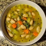 Fresh homemade vegetable soup featuring beans, carrots, celery, and herbs in a flavorful broth, perfect for healthy eating and comfort food.