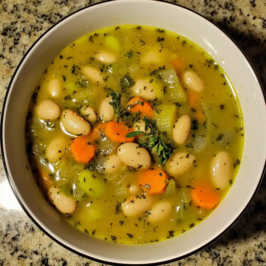 Fresh homemade vegetable soup featuring beans, carrots, celery, and herbs in a flavorful broth, perfect for healthy eating and comfort food.