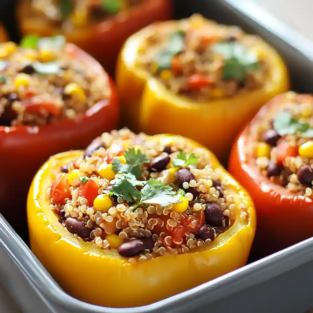 Colorful stuffed bell peppers filled with quinoa, black beans, corn, tomatoes, and herbs, making a healthy and flavorful vegetarian meal.