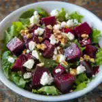 Vibrant beet salad with fresh greens, feta cheese, and walnuts, perfect for healthy eating and easy to prepare. A colorful, nutritious dish for any meal.