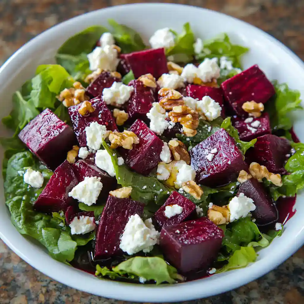Vibrant beet salad with fresh greens, feta cheese, and walnuts, perfect for healthy eating and easy to prepare. A colorful, nutritious dish for any meal.