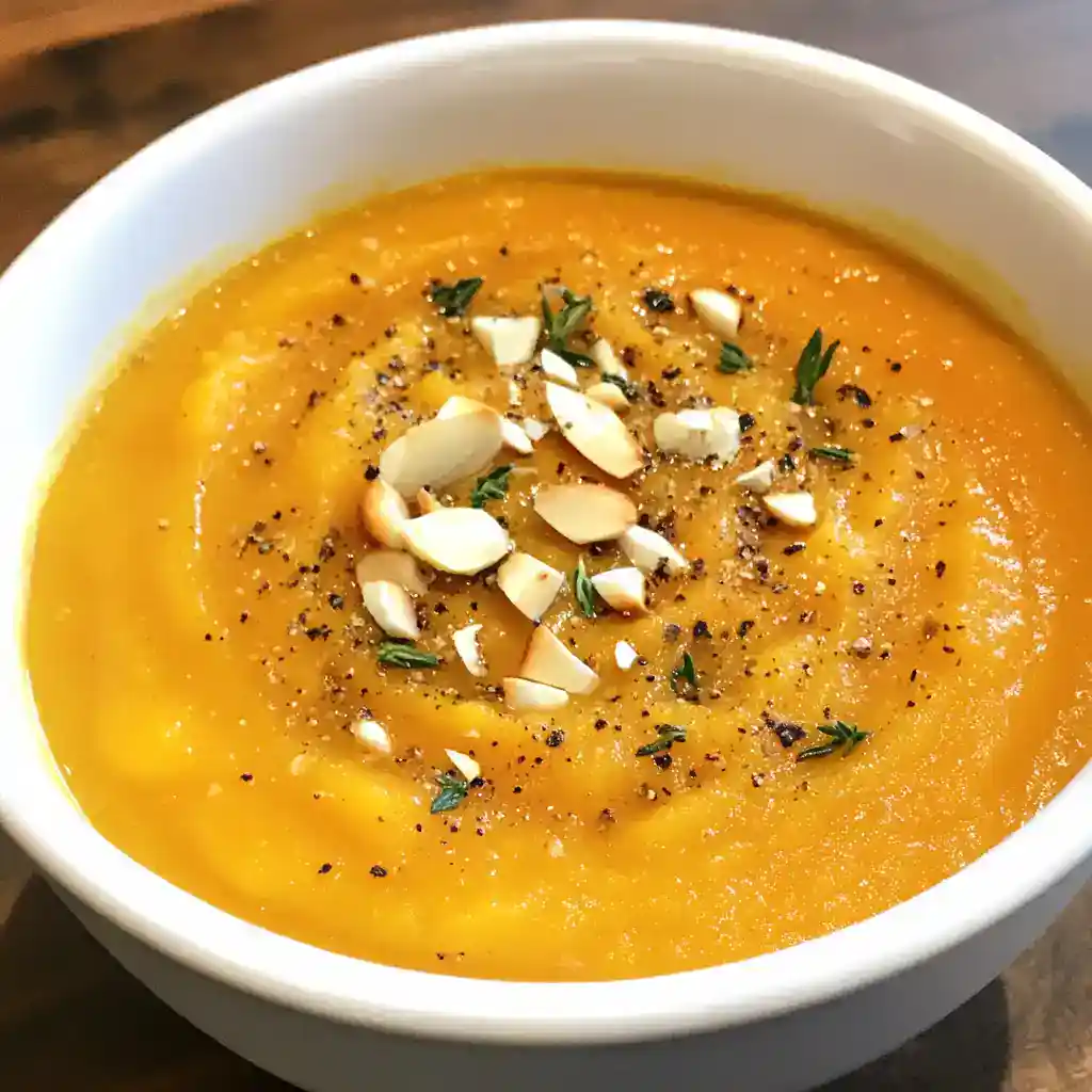 Delicious and hearty butternut squash soup garnished with toasted almonds and fresh herbs, perfect for cozy meals and healthy eating.