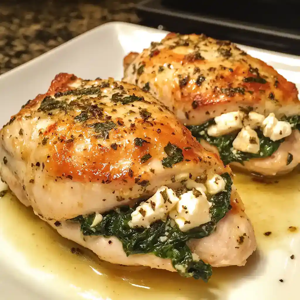 Juicy baked chicken breasts stuffed with savory spinach and creamy feta cheese, seasoned with herbs and spices for a delicious and healthy recipe. Perfect for family dinners and meal prep.