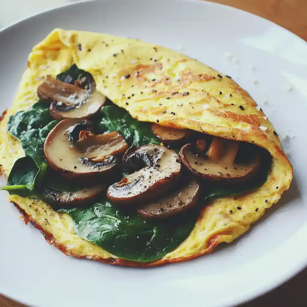 A delicious fluffy mushroom omelette filled with sautéed mushrooms and fresh spinach, seasoned to perfection for a healthy breakfast or brunch option.