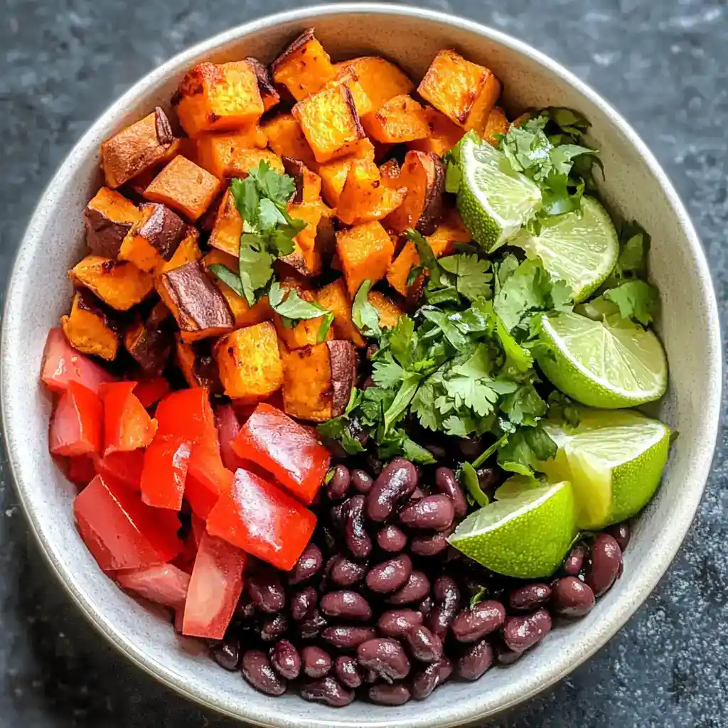 Vibrant sweet potato and black bean salad bowl with diced tomatoes, fresh cilantro, and lime wedges, perfect for healthy meals and meal prep. Easy, nutritious, and delicious vegetarian dish.