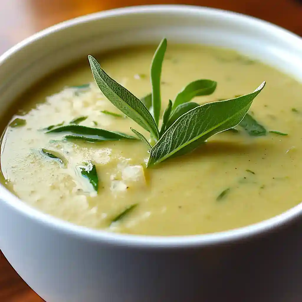 Savory creamy sage soup garnished with fresh sage leaves, perfect for cozy meals and soup recipes.