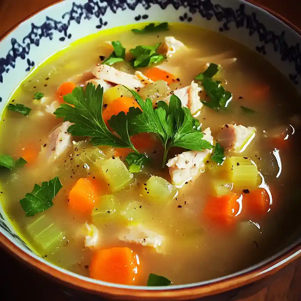 Comforting homemade chicken soup with vegetables and herbs. Perfect for cold days or when you need a nourishing meal. Easy to prepare with fresh ingredients.
