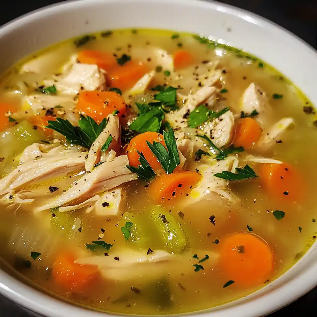 Fresh chicken soup with carrots, celery, and herbs in a clear broth. Perfect comfort food, easy to make, and loaded with nutritious ingredients for a wholesome meal. Ideal for cold days or when feeling under the weather.