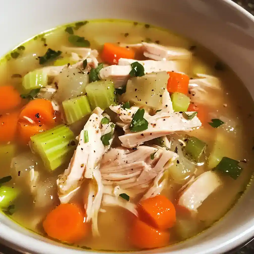 Delicious and comforting homemade chicken soup with fresh vegetables and tender shredded chicken, perfect for cold days or when you need a nutritious boost.
