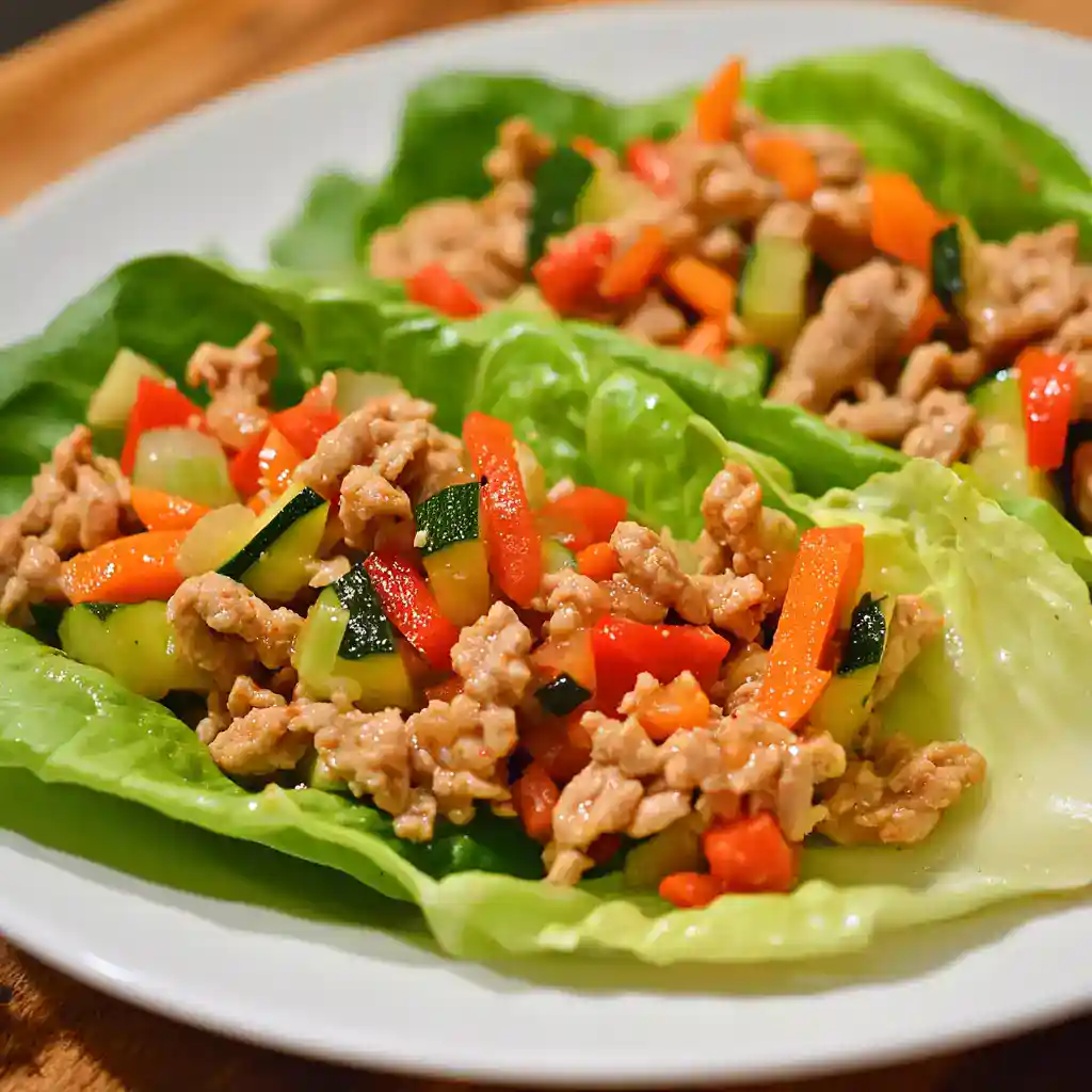 Fresh lettuce topped with seasoned ground meat, diced cucumbers, carrots, and zucchini, creating a healthy, flavorful appetizer or light meal option.