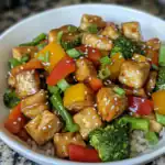 Vibrant tofu stir-fry with broccoli, bell peppers, green onions, sesame seeds, served over rice. Healthy, colorful, easy-to-make Asian-inspired dish perfect for quick weeknight dinners.