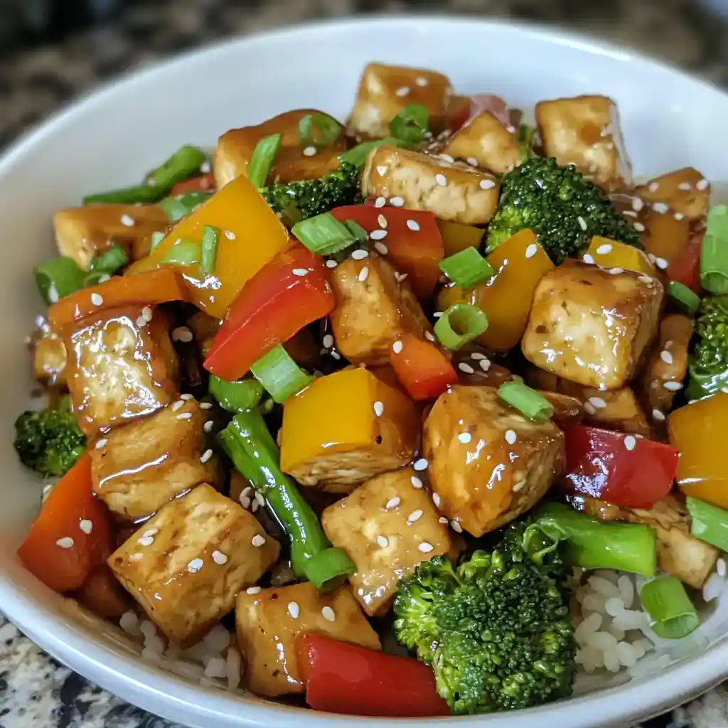 Vibrant tofu stir-fry with broccoli, bell peppers, green onions, sesame seeds, served over rice. Healthy, colorful, easy-to-make Asian-inspired dish perfect for quick weeknight dinners.