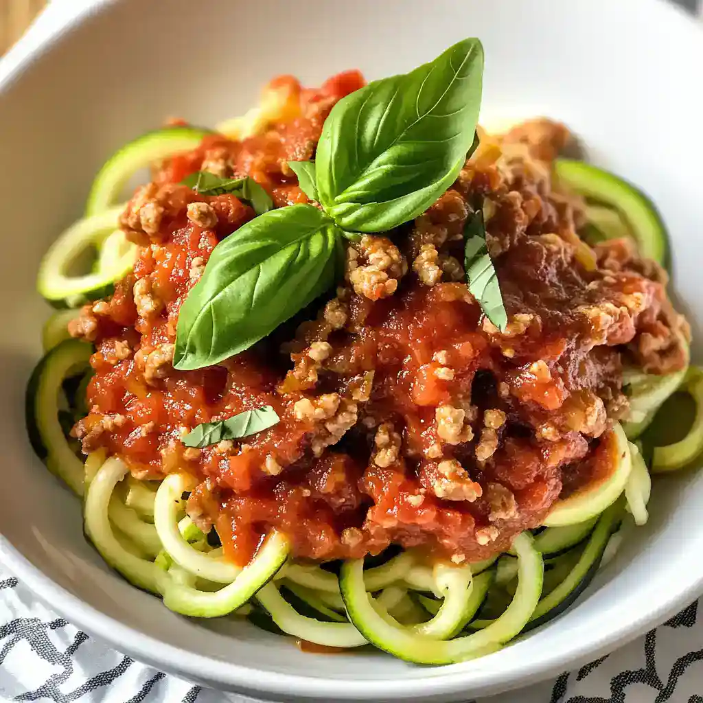 Delicious homemade spaghetti with savory Bolognese sauce topped with fresh basil leaves, served in a white bowl perfect for dinner or lunch.
