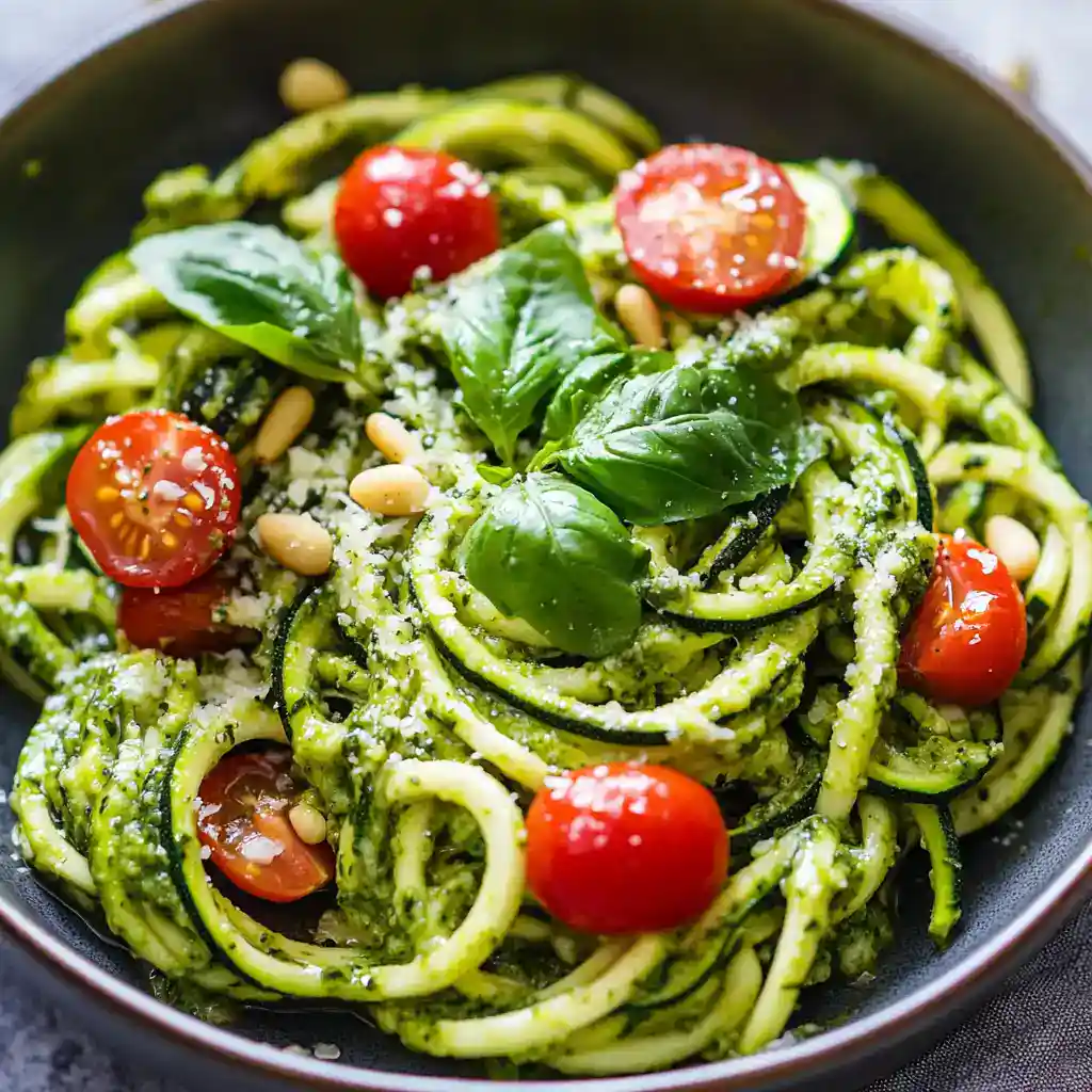 Fresh zucchini noodles garnished with cherry tomatoes, basil leaves, pine nuts, and grated cheese in a black skillet.