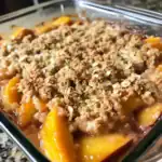 Delicious homemade peach crisp with a golden crumb topping and tender peach slices, perfect for dessert or a sweet snack. Easy to make with fresh peaches and a crunchy streusel topping.