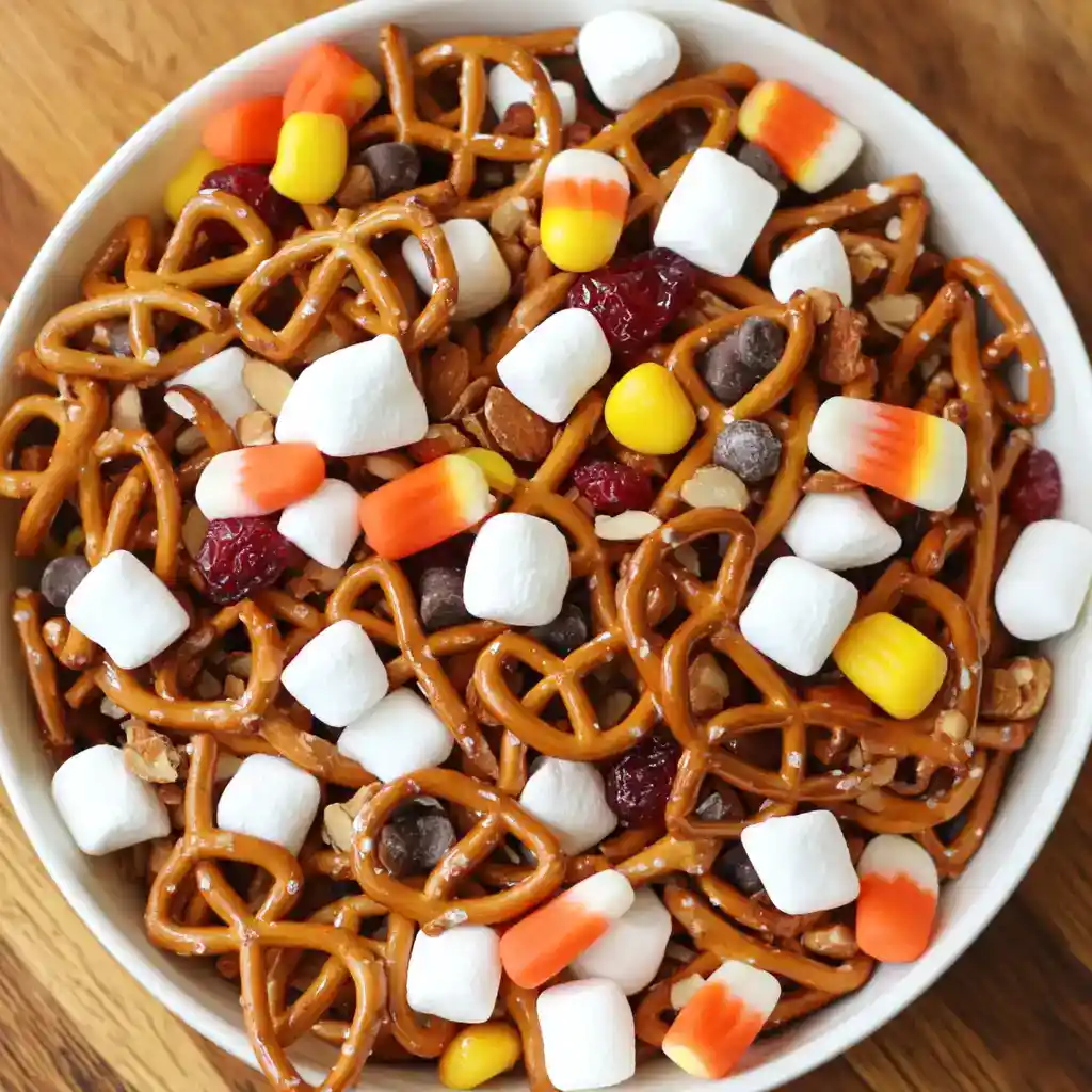 Delicious Halloween snack mix featuring pretzels, mini marshmallows, chocolate chips, dried cranberries, and candy corn, perfect for Halloween parties and celebrations.