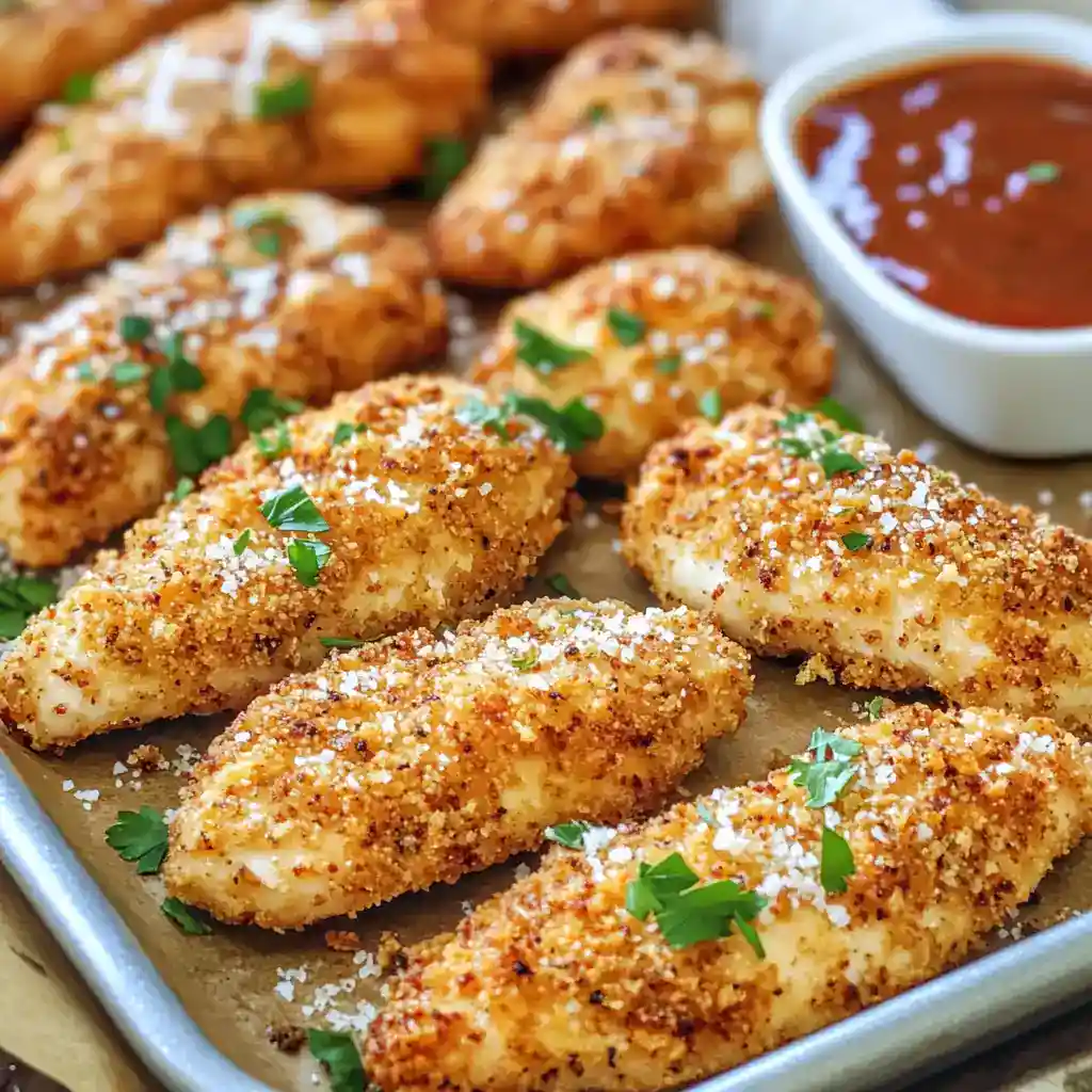 Juicy, tender chicken tenders coated with seasoned breadcrumbs and baked to perfection, served with a side of rich, flavorful dipping sauce. Perfect for a family dinner or game day snack.
